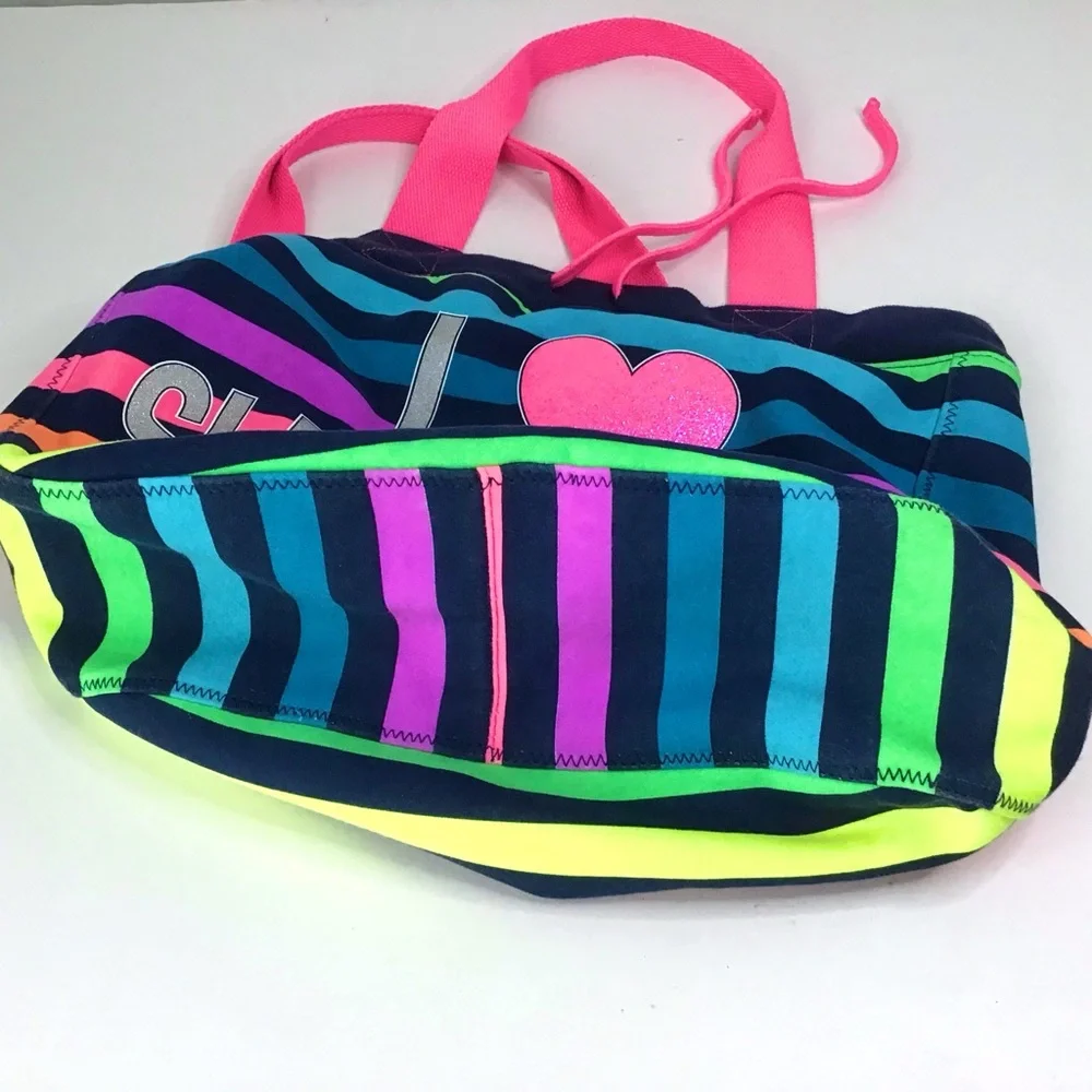 Justice Tote Bag I Love Sleepovers Glitter Heart Rainbow Stripes Drawstring Soft